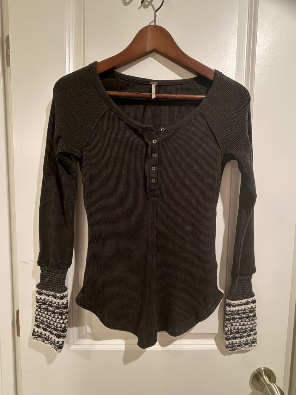 Free People Black Waffle Knit Henley Thermal Top - Size XS